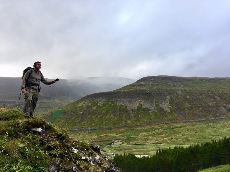 Nathan recording waterfalls in Isafjordur Iceland