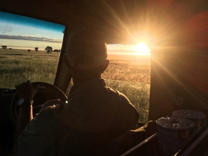 josh driving at sunset